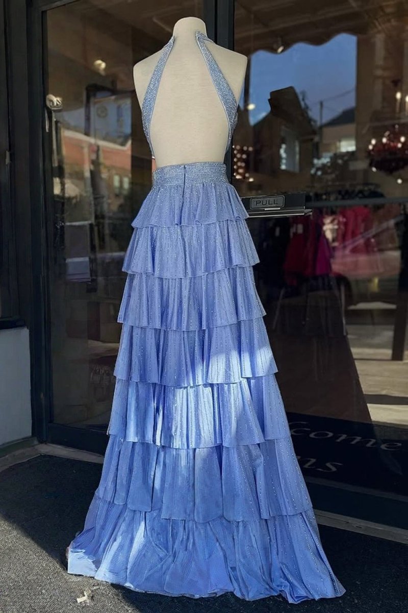 KissProm-Feyla Sky Blue A Line V Neck Satin Beaded Long Prom Dresses With Ruffles