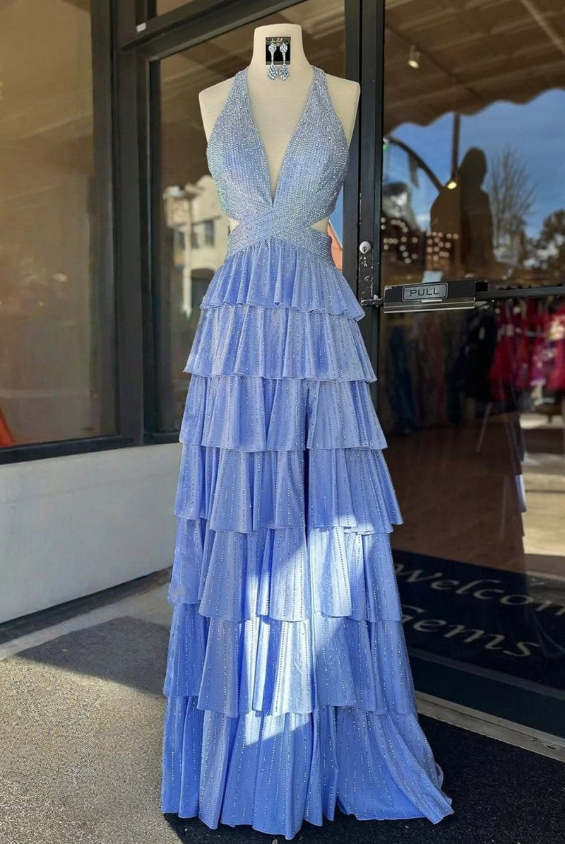 KissProm-Feyla Sky Blue A Line V Neck Satin Beaded Long Prom Dresses With Ruffles