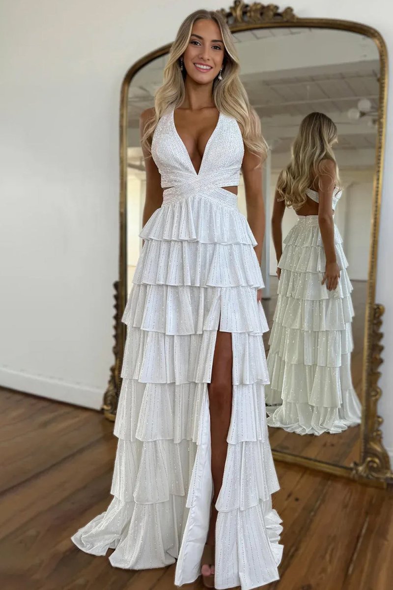 KissProm-Feyla White A Line V Neck Satin Beaded Long Prom Dresses With Ruffles