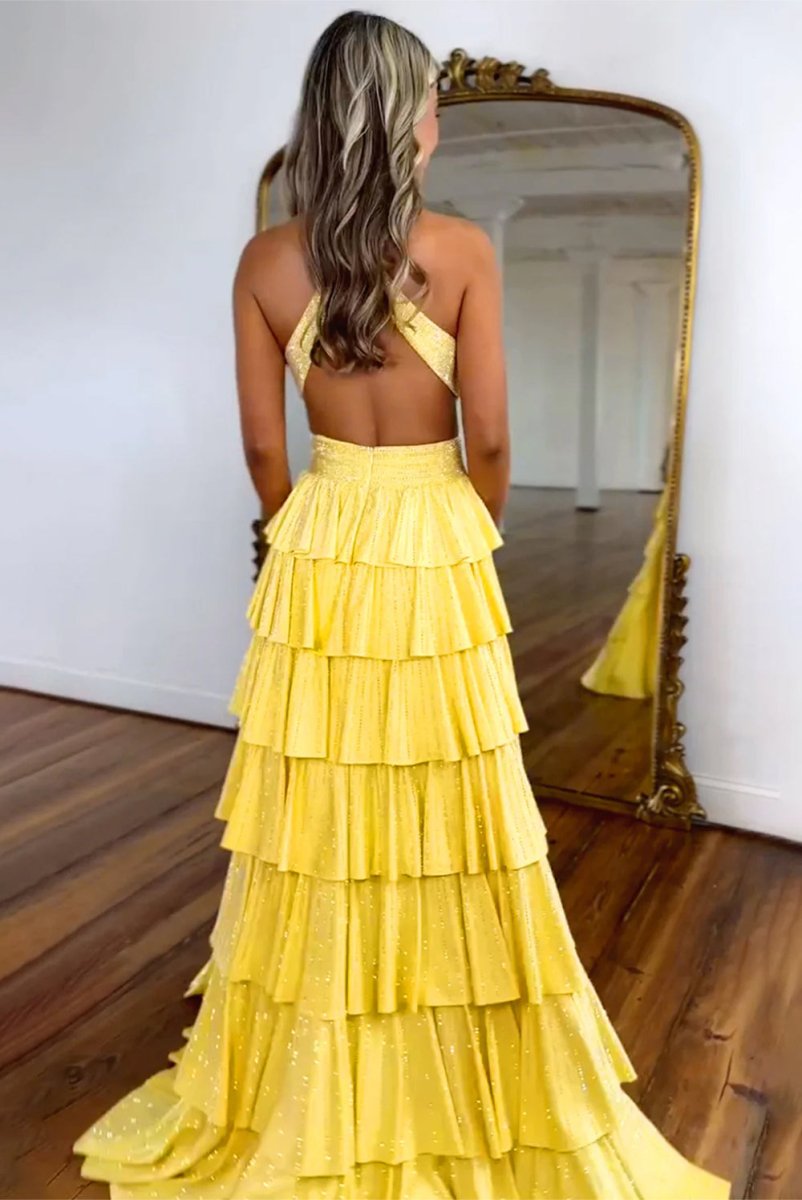 KissProm-Feyla Yellow A Line V Neck Satin Beaded Long Prom Dresses With Ruffles