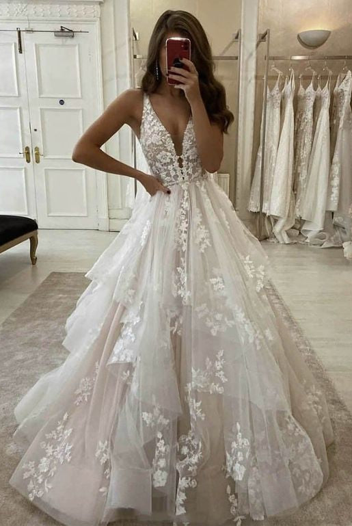 Elegant A-Line V Neck Wedding Dresses with Appliques
