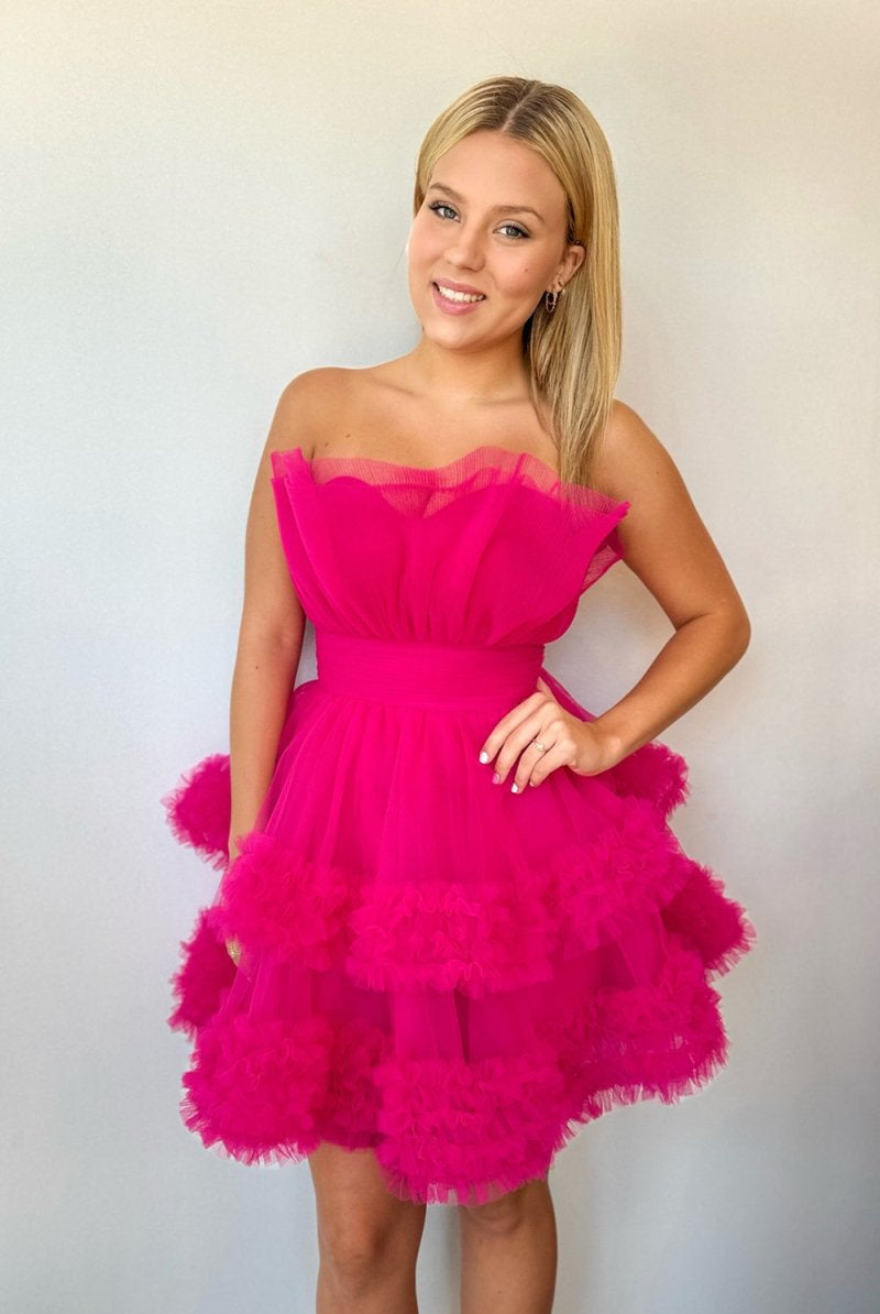 Meagan | Fuchsia Strapless Tiered Tulle Short Homecoming Dresses - KissProm