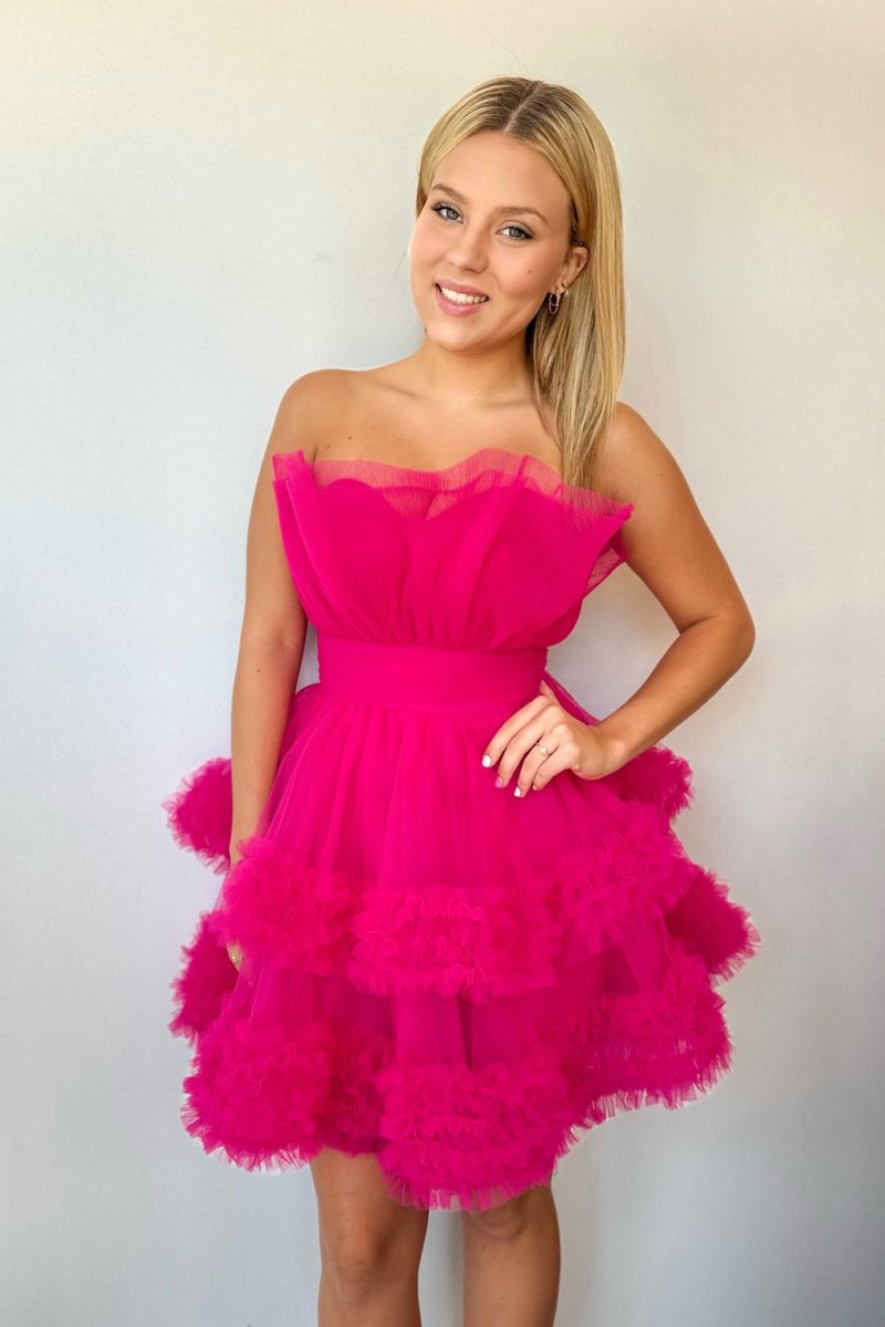 Meagan | Fuchsia Strapless Tiered Tulle Short Homecoming Dresses - KissProm