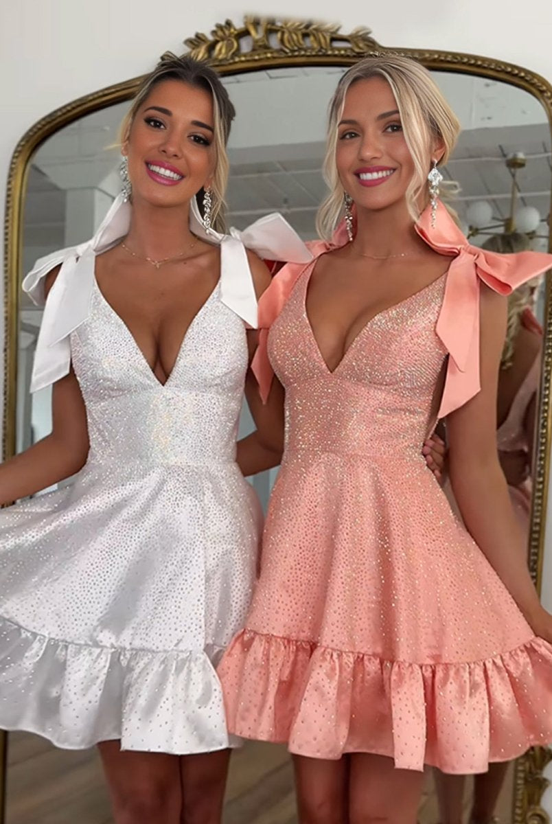 Fidela | White - V Neck Satin A Line Beaded Homecoming Dress With Bow