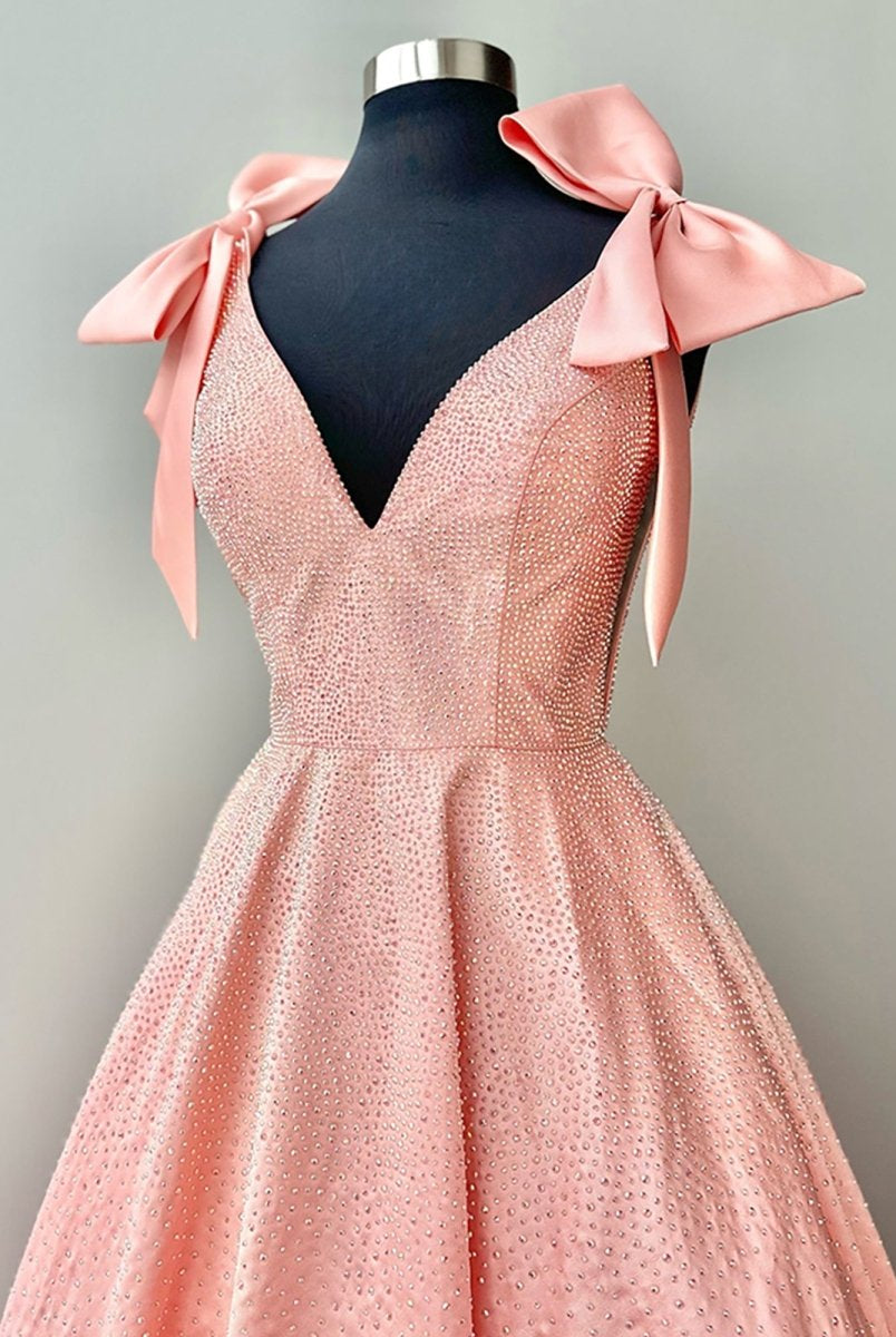 Fidela | Blush - V Neck Satin A Line Beaded Homecoming Dress With Bow