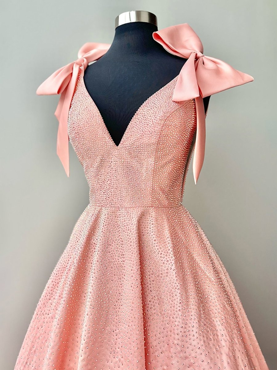 Fidela | Blush - V Neck Satin A Line Beaded Homecoming Dress With Bow