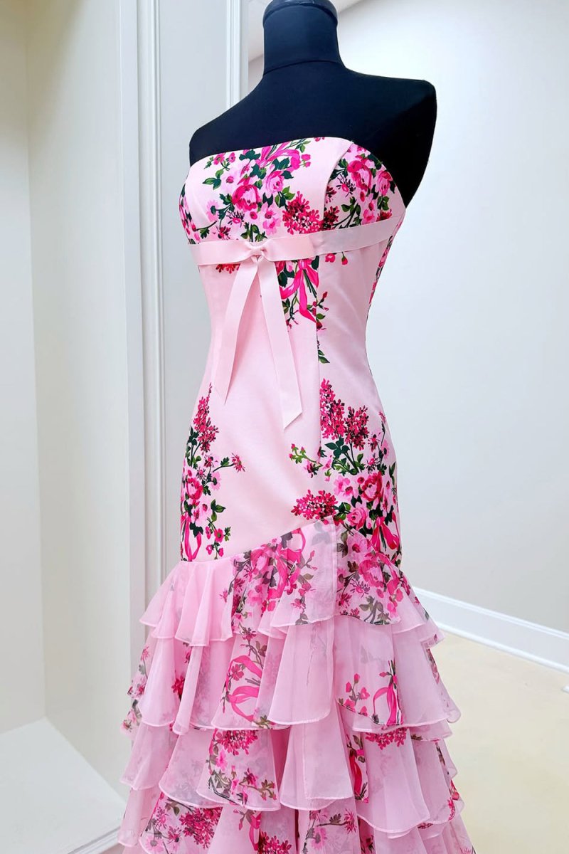KissProm-Filante Pink Strapless Sheath Floral Chiffon Ruffles Long Formal Prom Dresses With Bow