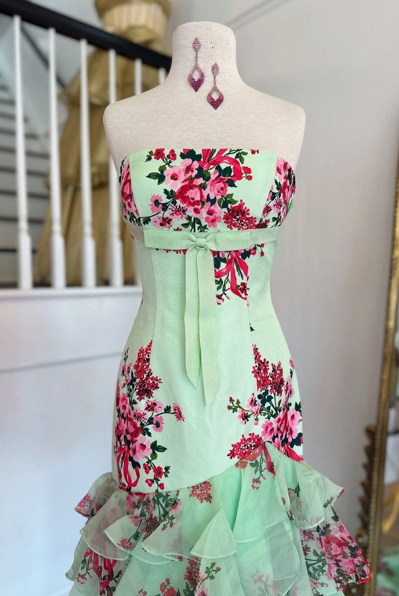 KissProm-Filante Sage Strapless Sheath Floral Chiffon Ruffles Long Formal Prom Dresses With Bow