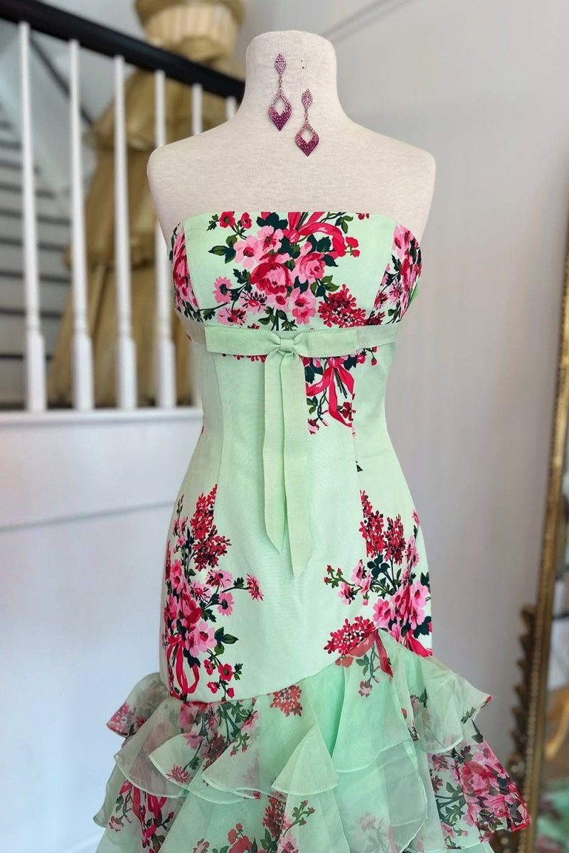KissProm-Filante Sage Strapless Sheath Floral Chiffon Ruffles Long Formal Prom Dresses With Bow