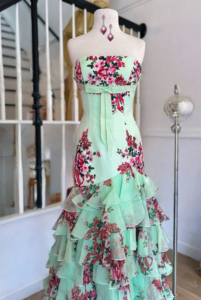 KissProm-Filante Sage Strapless Sheath Floral Chiffon Ruffles Long Formal Prom Dresses With Bow