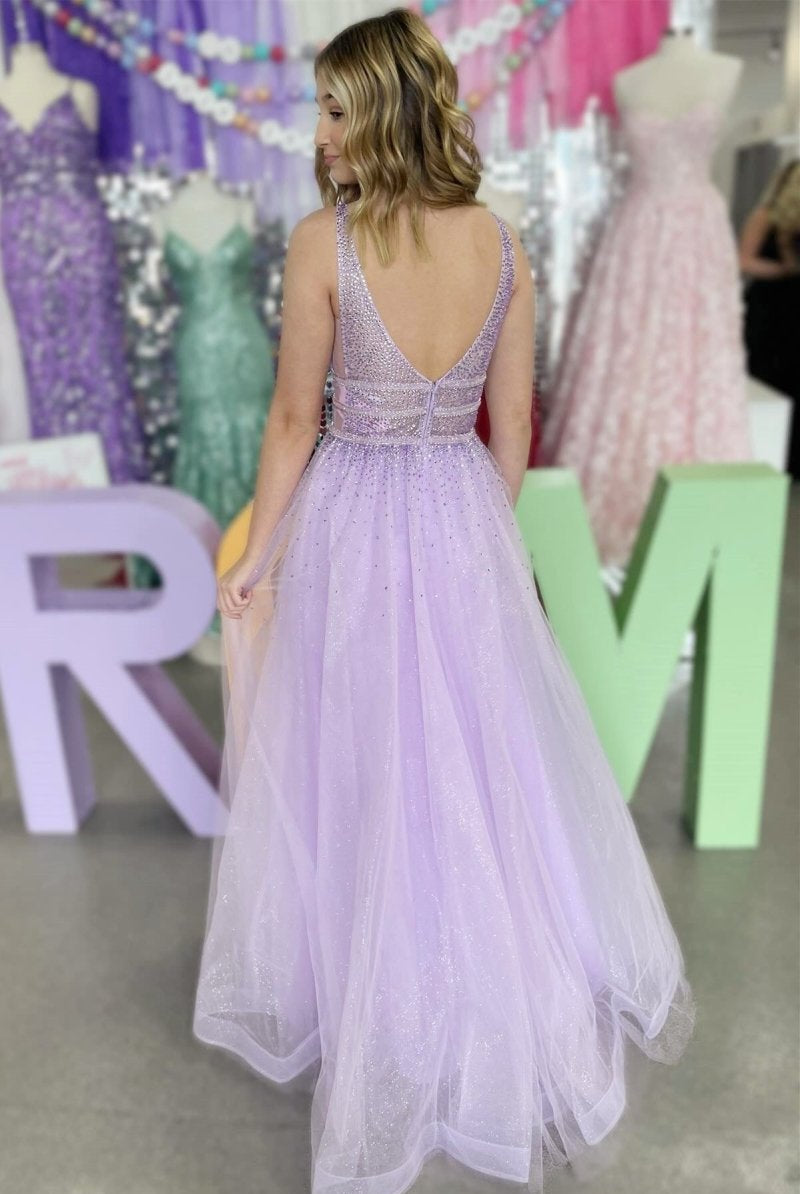 Filbei | Lavender Tulle Hot Stone Backless A - Line Prom Dress - KissProm