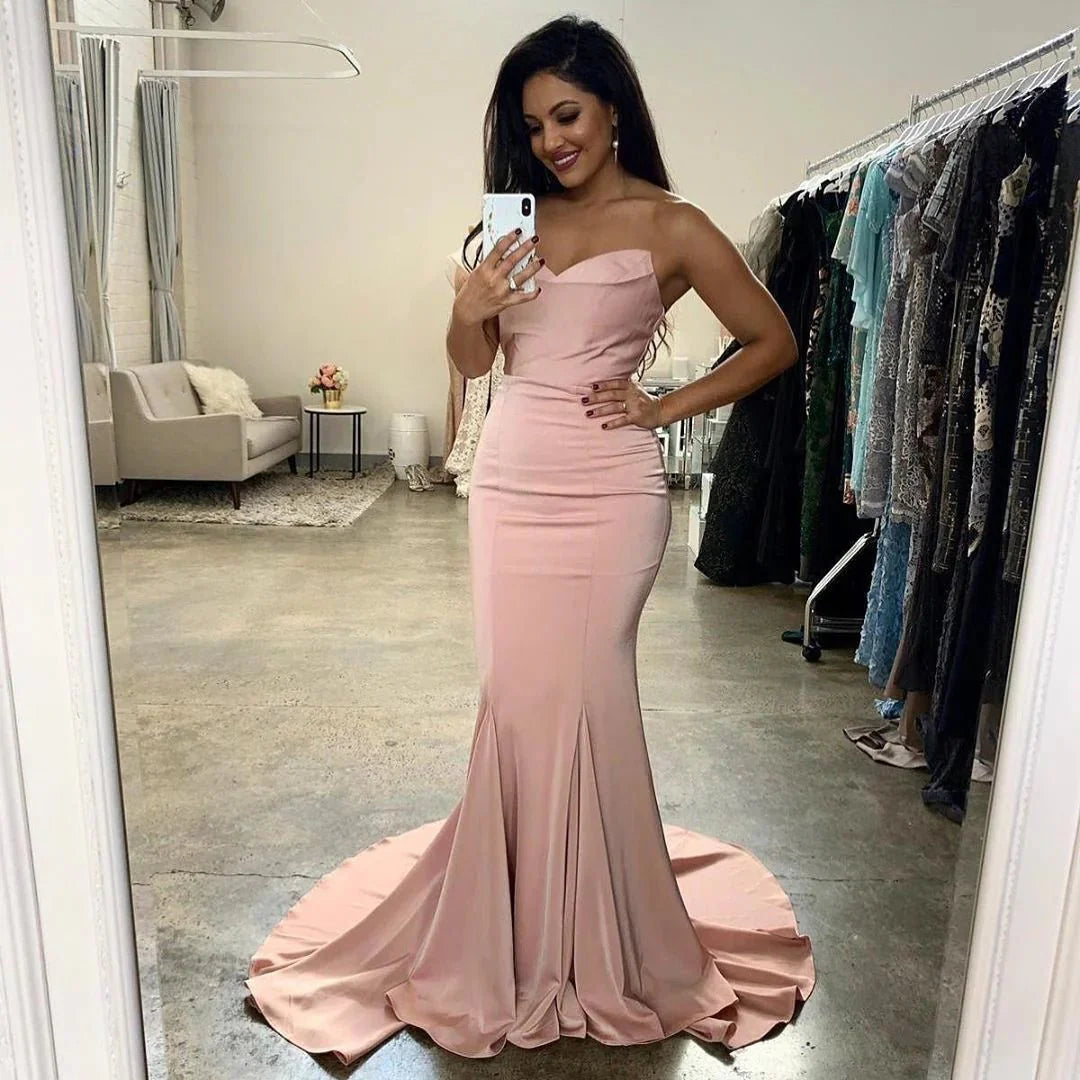 Elegant Strapless Satin Pleated Pink Mermaid Evening Dress Long Wedding Guest Dress SP917