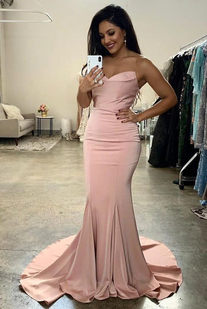Mermaid Strapless Blush Pink Satin Bridesmaid Dresses Long Party Dresses - KissProm