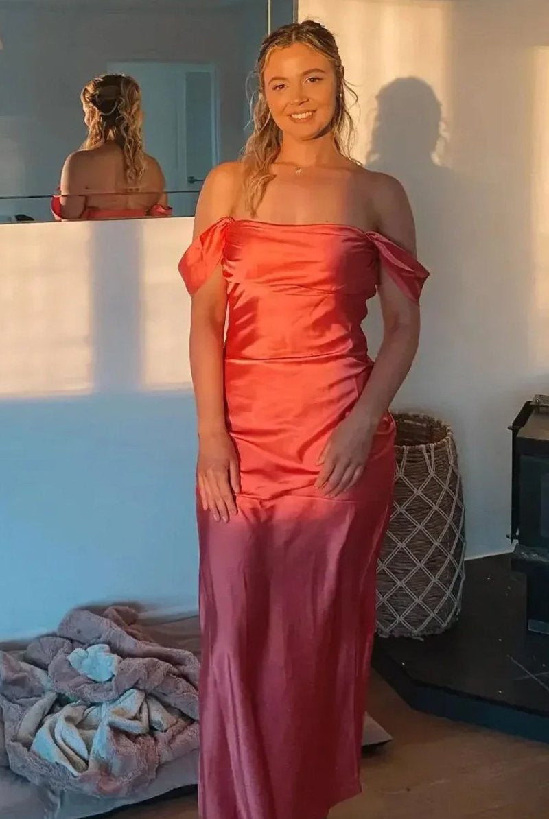 Finara | Coral - Off The Shoulder Sheath Satin Long Prom Dresses - KissProm