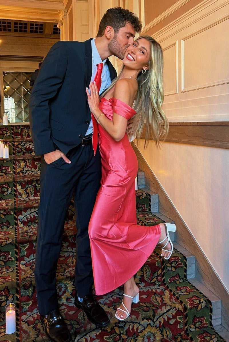Finara | Coral - Off The Shoulder Sheath Satin Long Prom Dresses - KissProm