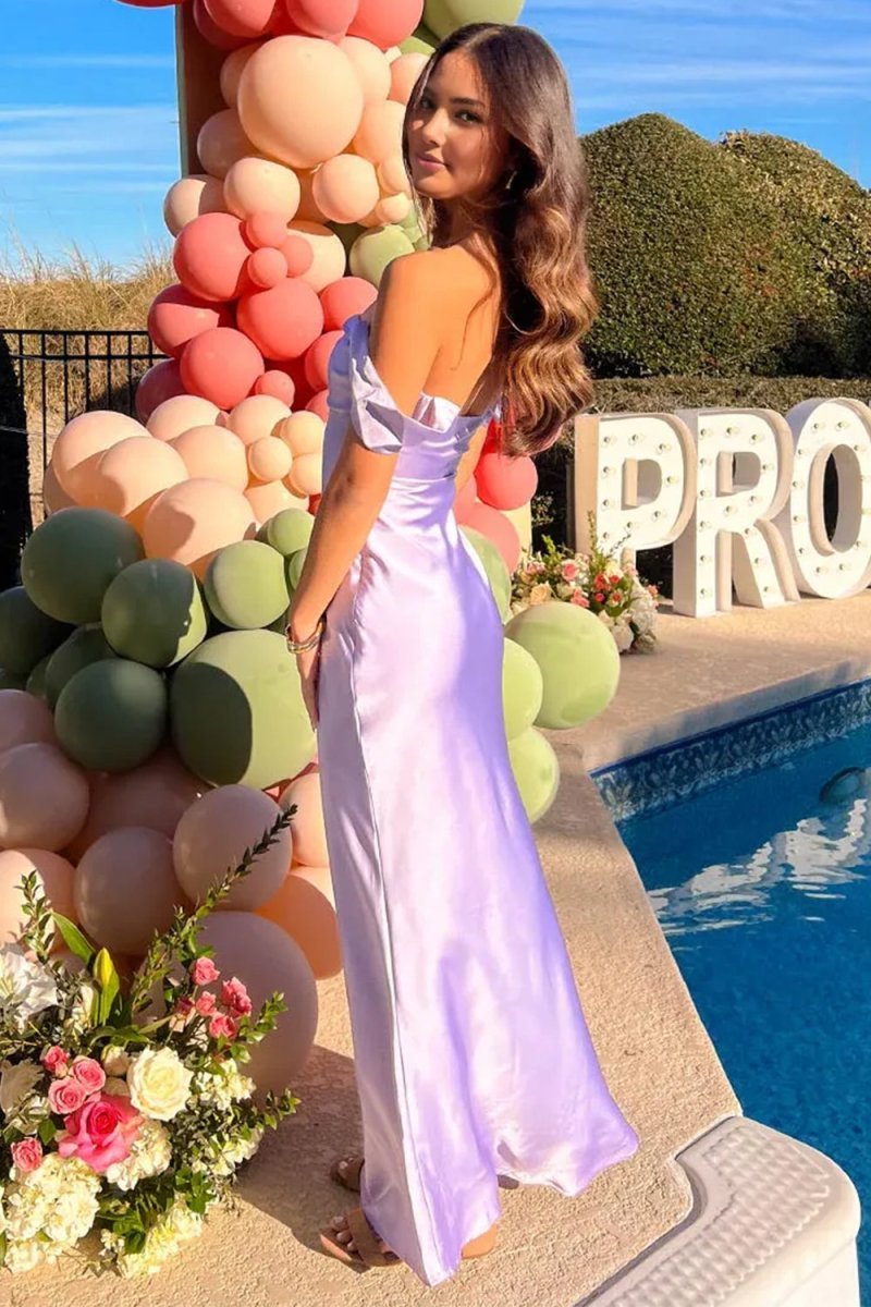 Finara | Lilac - Off The Shoulder Sheath Satin Long Prom Dresses - KissProm
