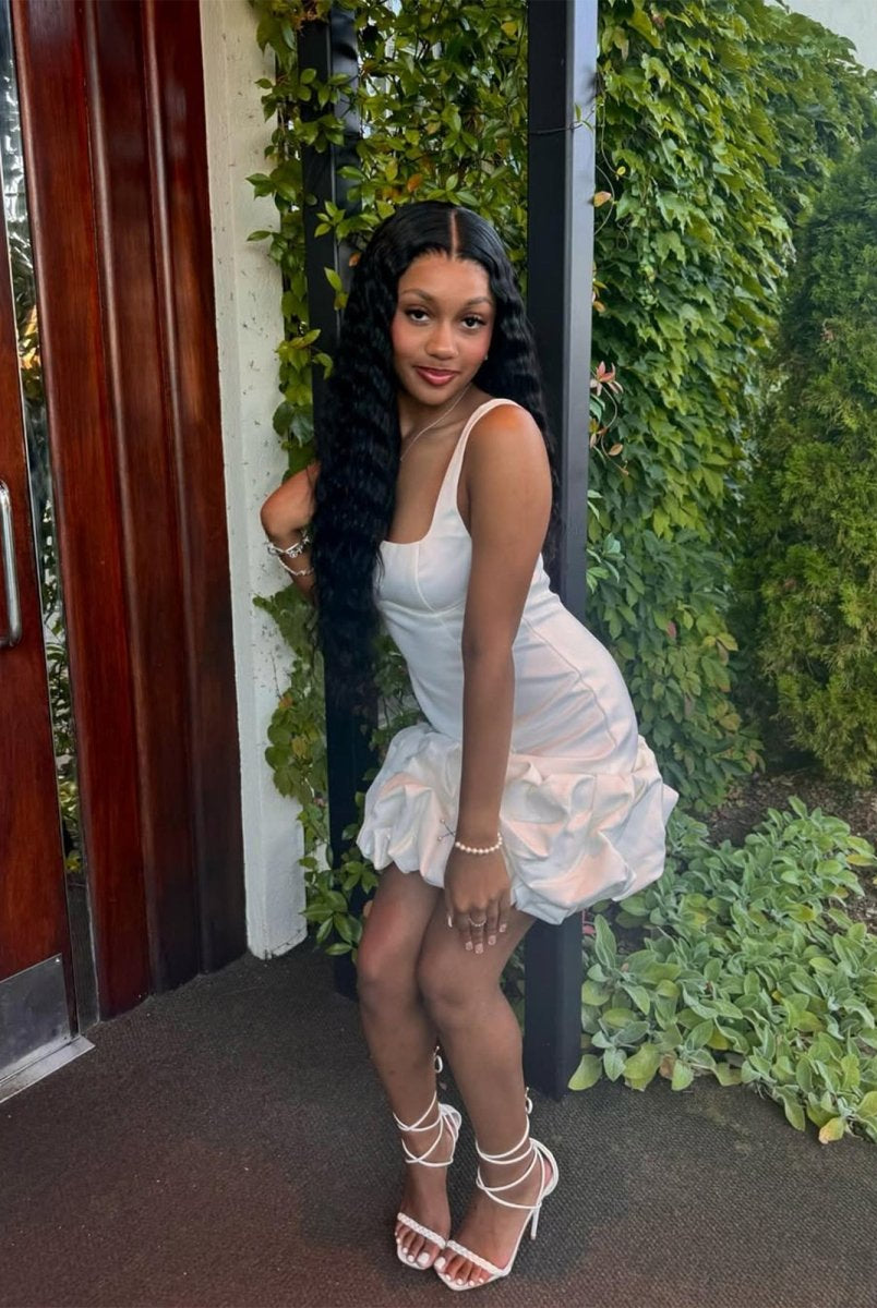 Fionndra | White - A Line Square Neck Satin Ruffles Short Homecoming Dress