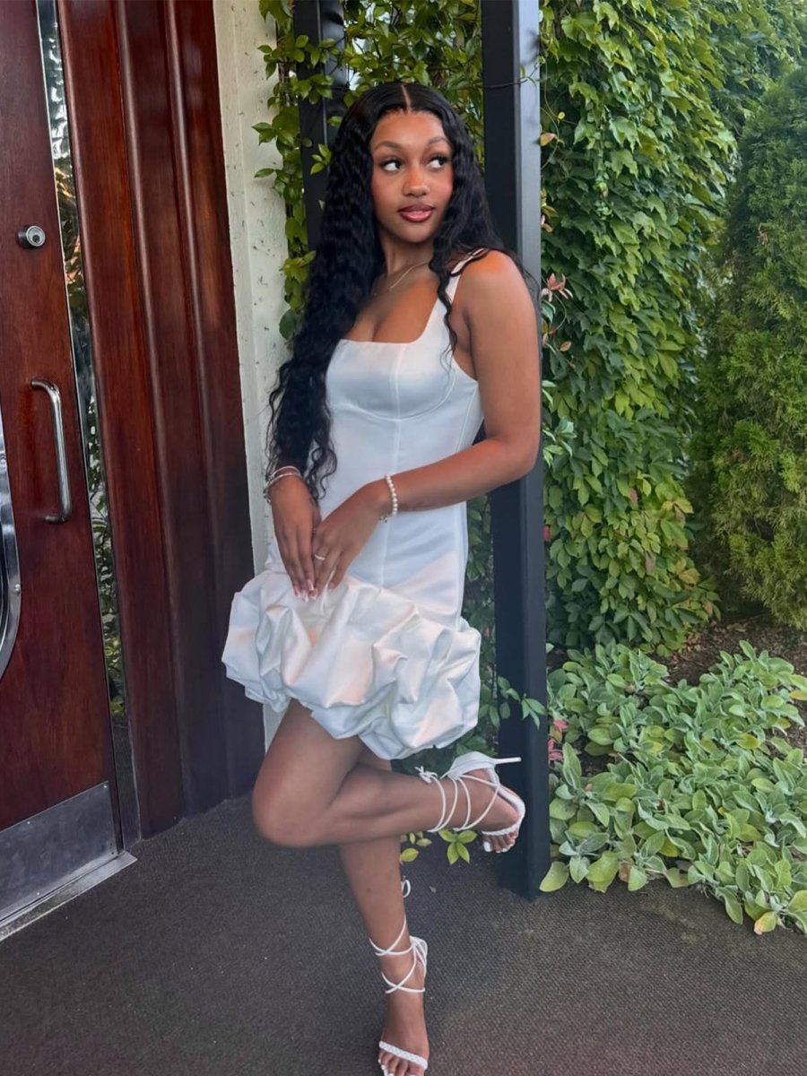 Fionndra | White - A Line Square Neck Satin Ruffles Short Homecoming Dress