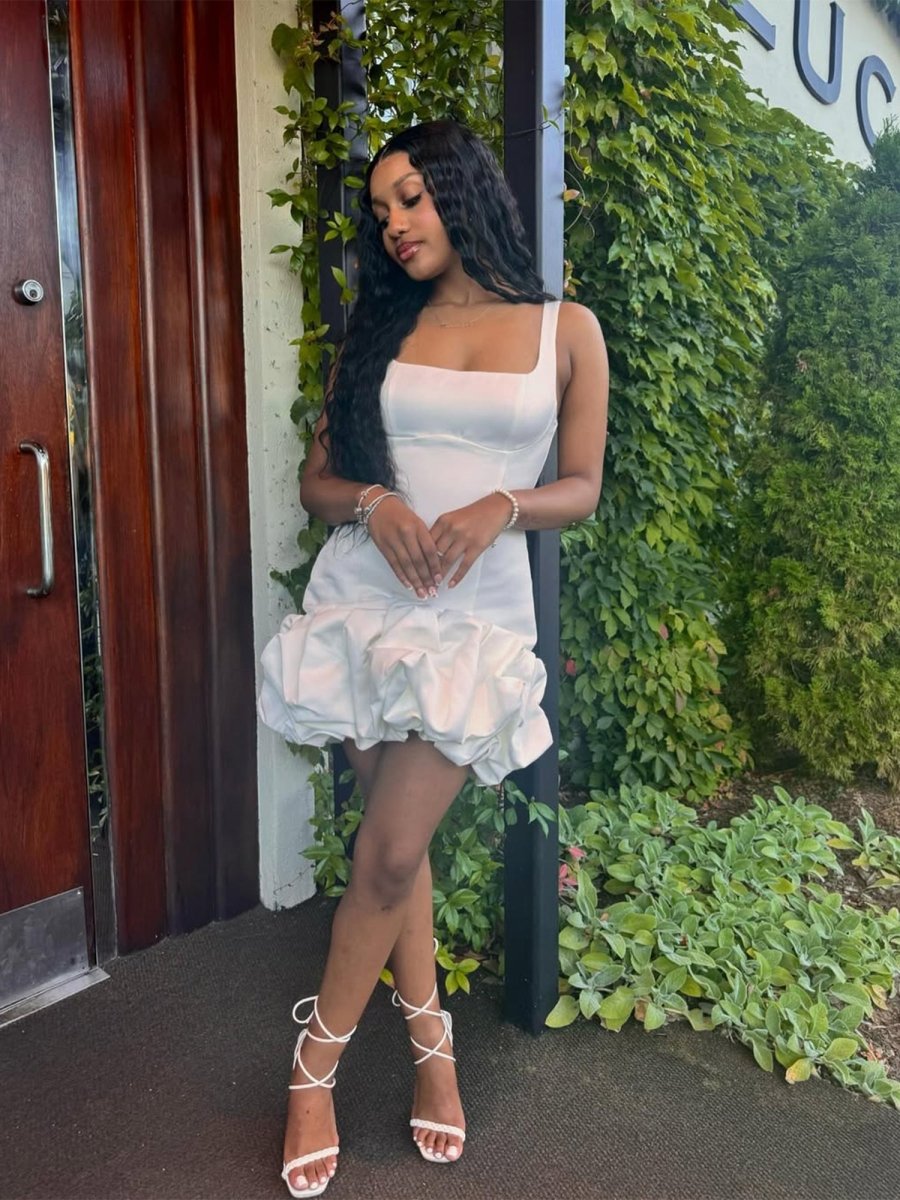 Fionndra | White - A Line Square Neck Satin Ruffles Short Homecoming Dress