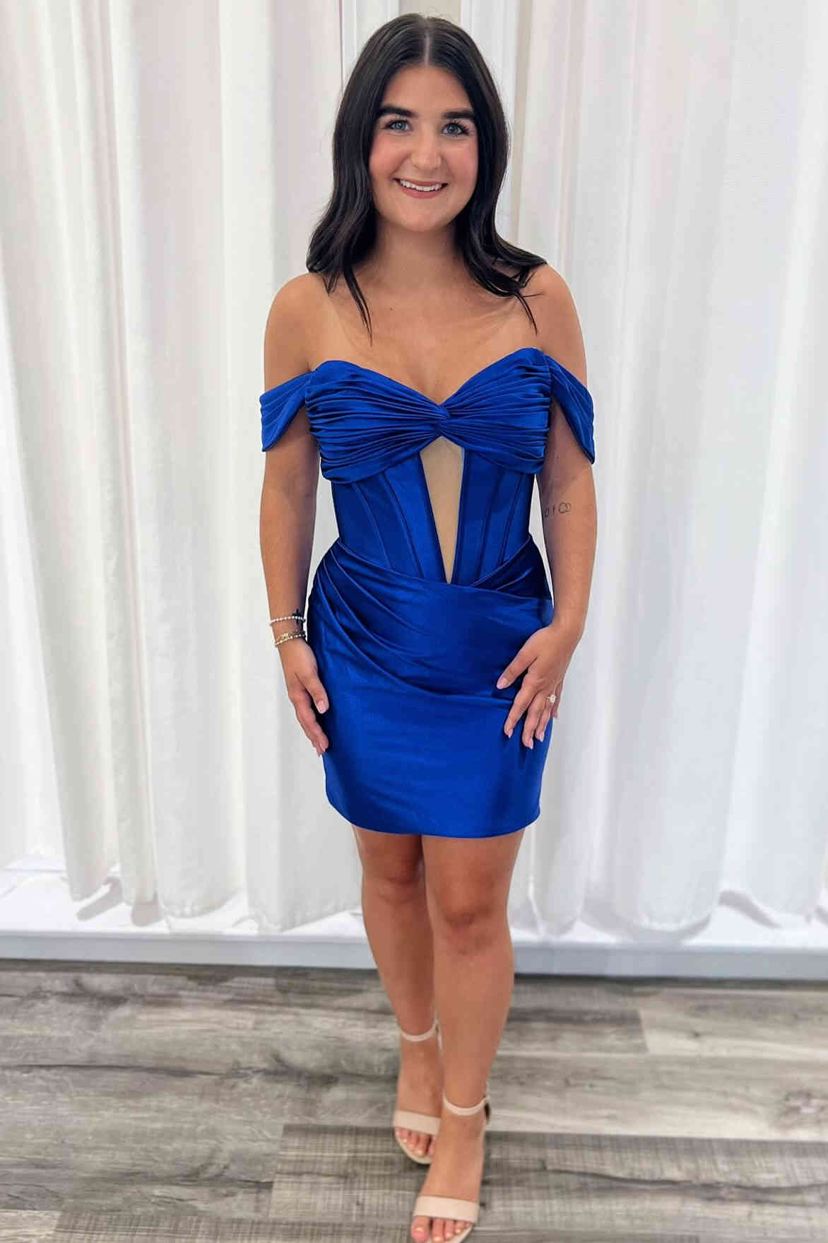 Fiore | Off the Shoulder Royal Blue Ruched Mini Homecoming Dress