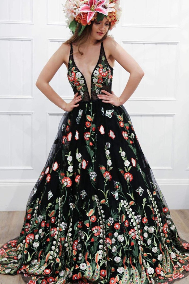 Gorgeous Black Floral Embroidered Prom Dress Gorgeous Black Floral Embroidered Prom Dress