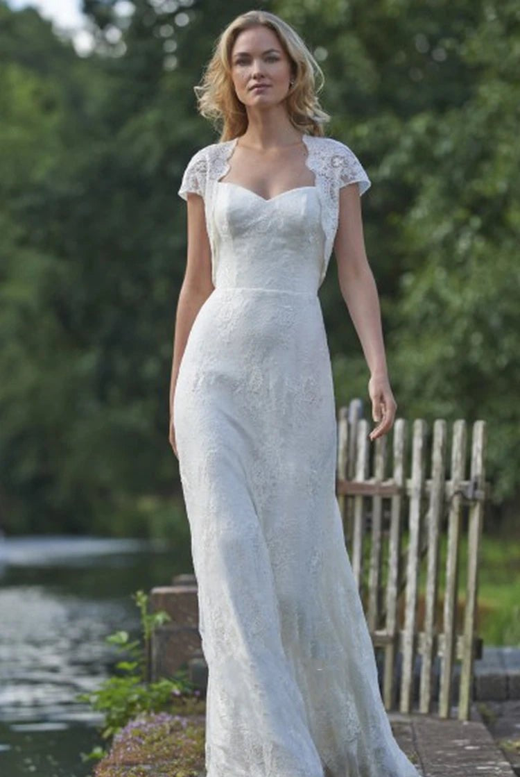 Floor-Length Square Cap-Sleeve Appliqued Lace Wedding Dress