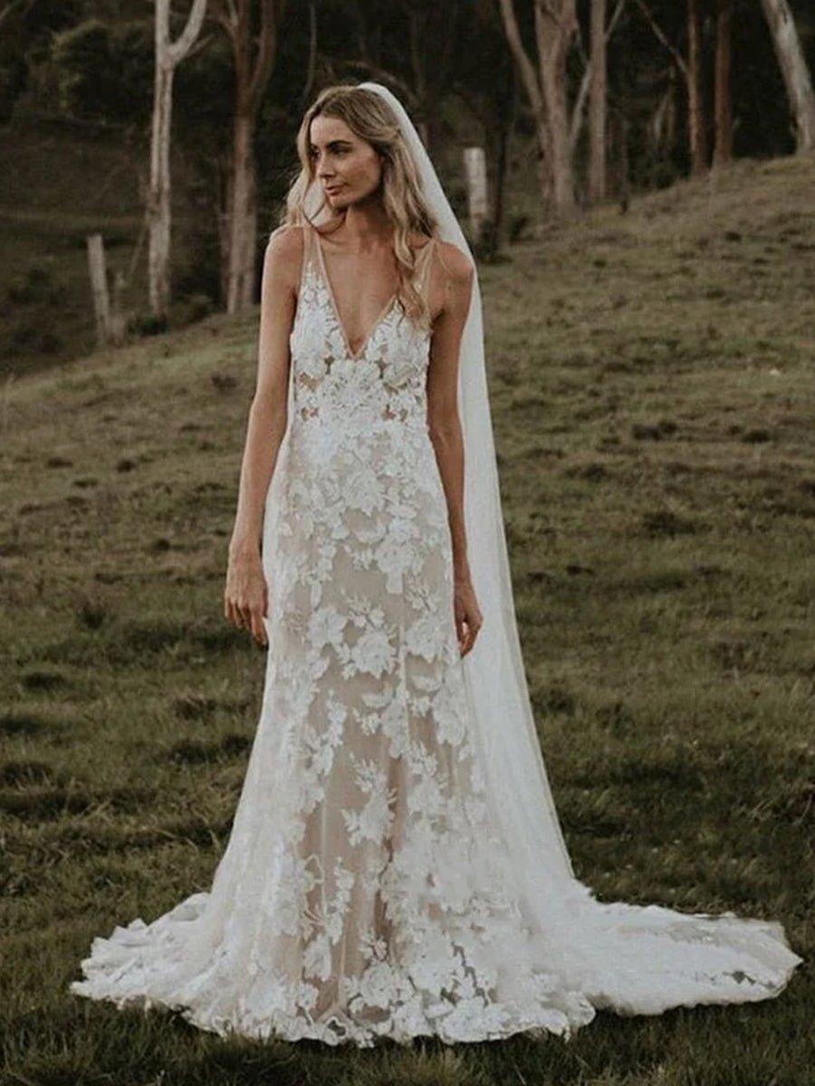 Floral Lace Appliques V Neck Sleeveless Mermaid Boho Wedding Dresses - KissProm