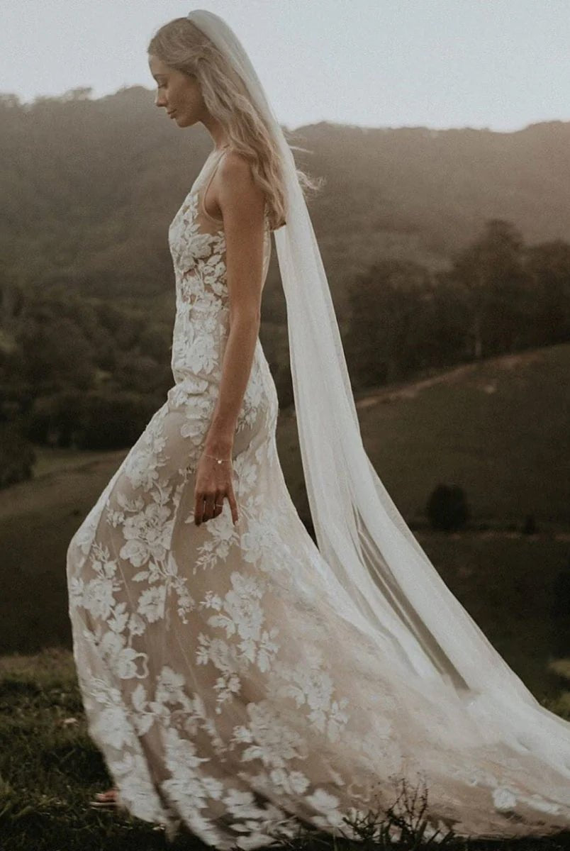 Floral Lace Appliques V Neck Sleeveless Mermaid Boho Wedding Dresses - KissProm