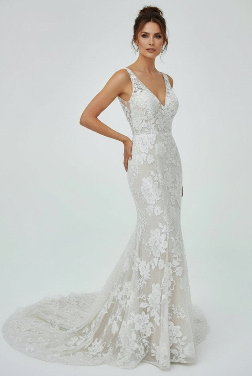 Floral Lace Appliques V Neck Sleeveless Mermaid Boho Wedding Dresses - KissProm