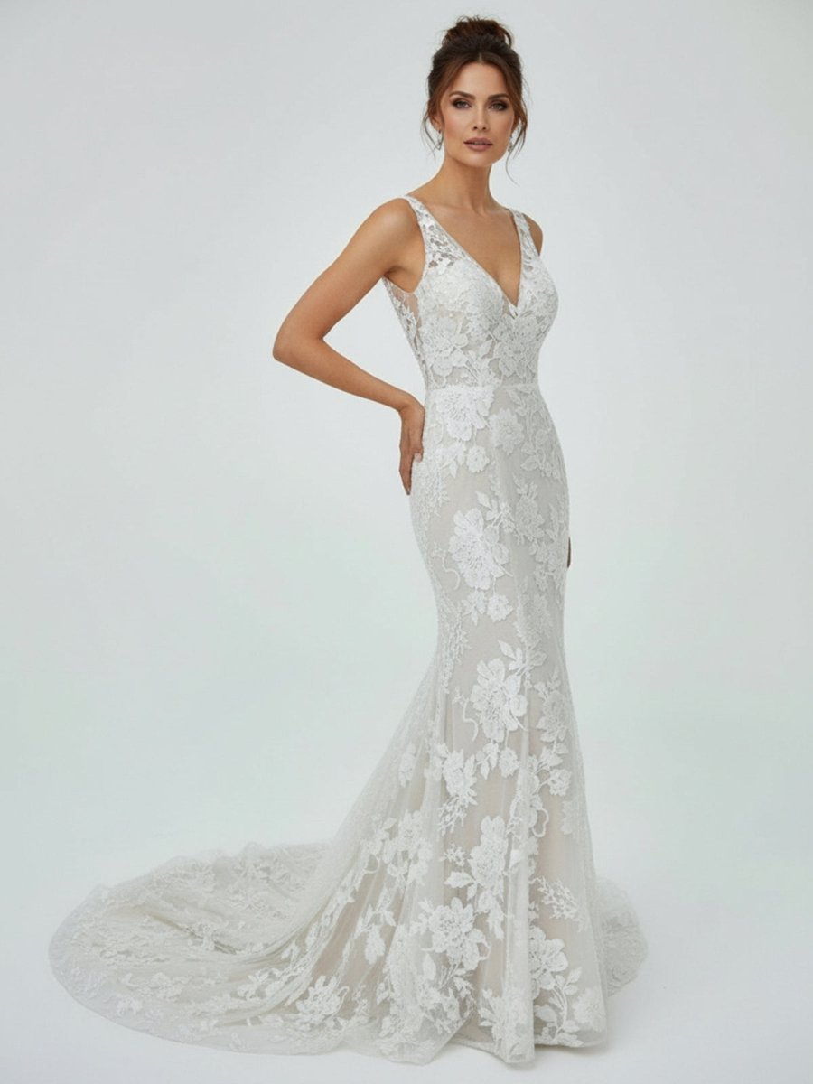 Floral Lace Appliques V Neck Sleeveless Mermaid Boho Wedding Dresses - KissProm