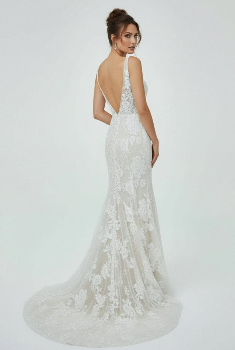 Floral Lace Appliques V Neck Sleeveless Mermaid Boho Wedding Dresses - KissProm