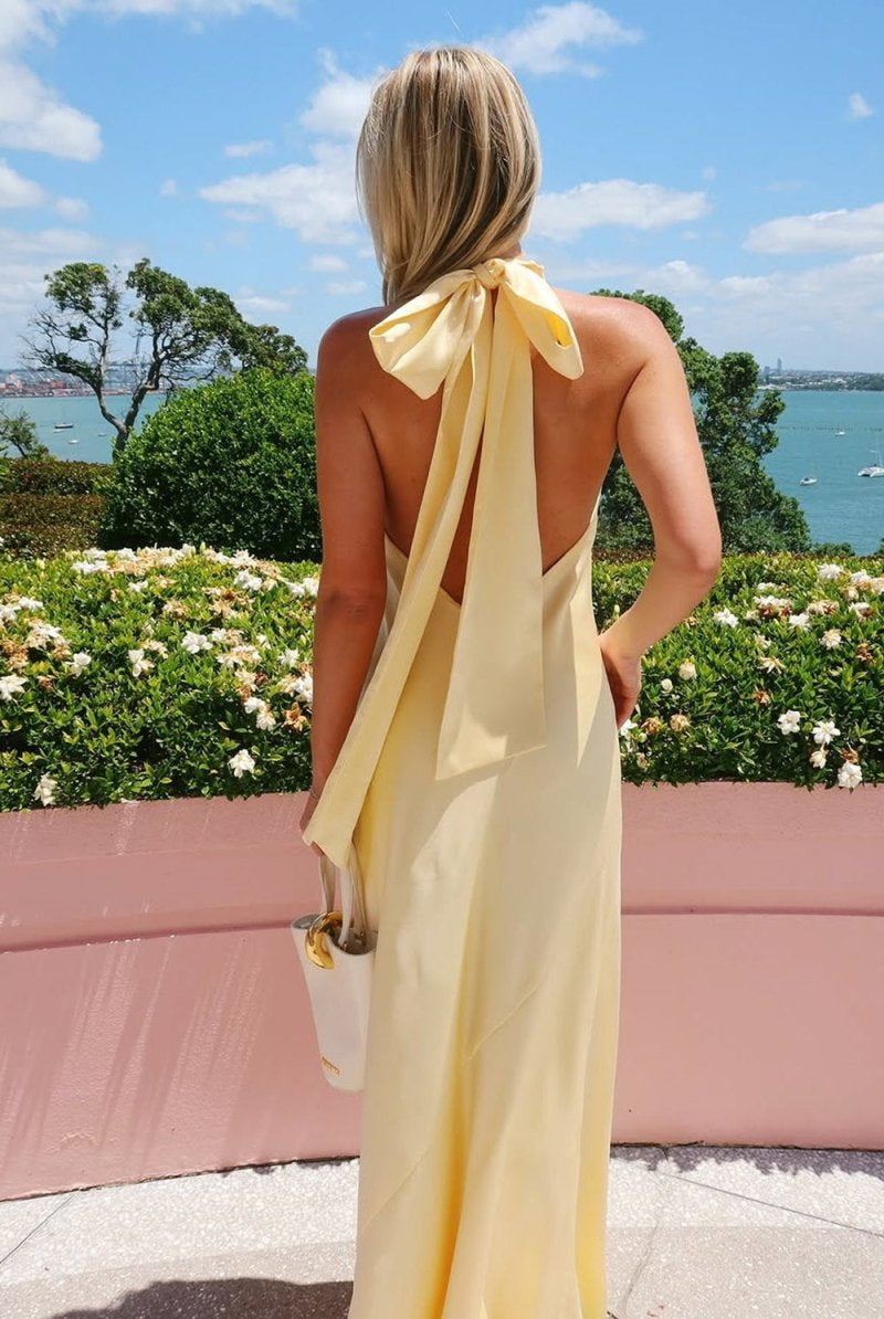 Floren | Yellow - Halter Sheath Satin Backless Long Prom Dresses - KissProm