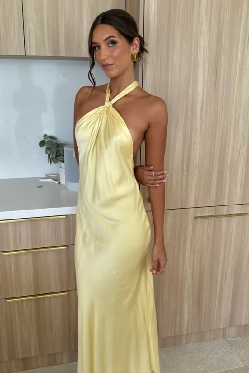 Floren | Yellow - Halter Sheath Satin Backless Long Prom Dresses - KissProm