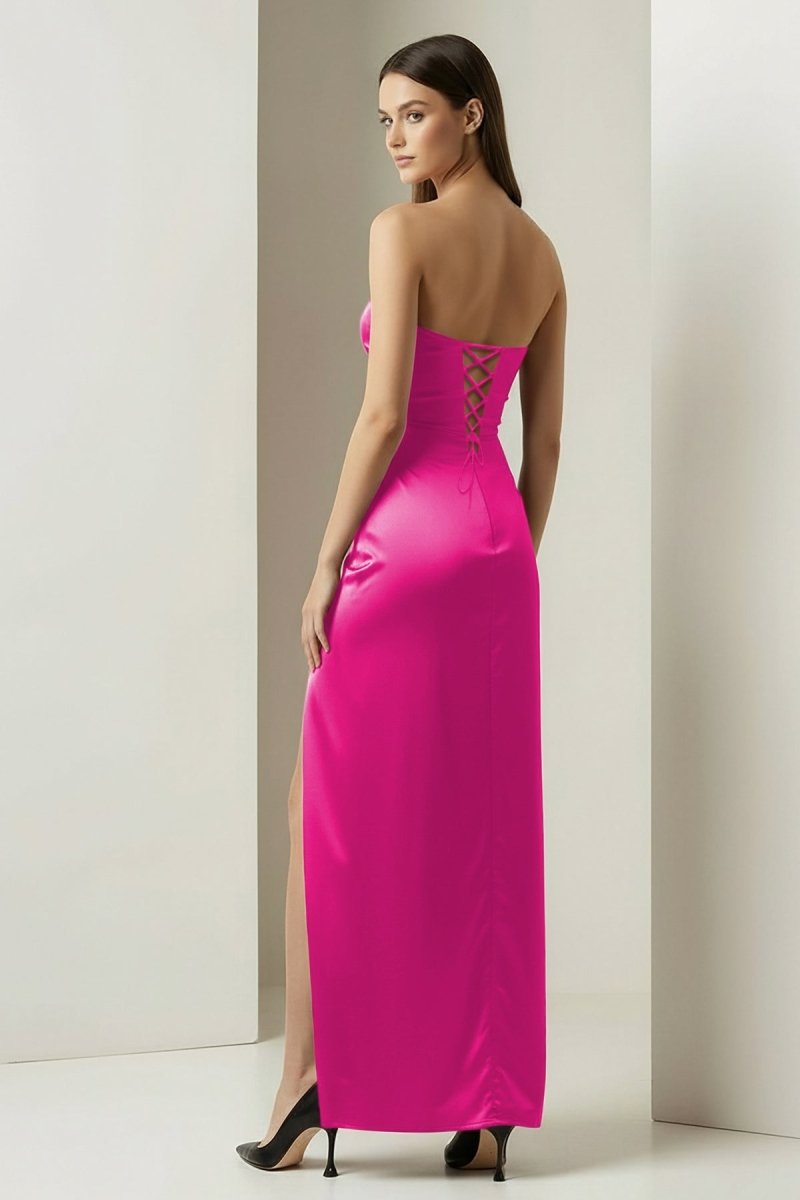 Florisyn | Burgundy - Strapless Satin Sheath Long Formal Prom Dresses With Slit - KissProm