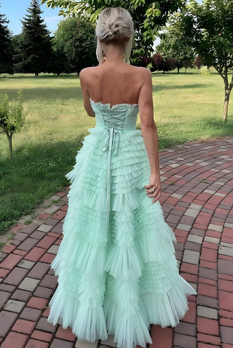 Flovencia| Mint Green Strapless Tulle Tiered Ruffles High - low Prom Dress - KissProm