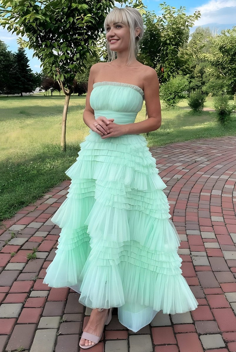 Flovencia| Mint Green Strapless Tulle Tiered Ruffles High - low Prom Dress - KissProm