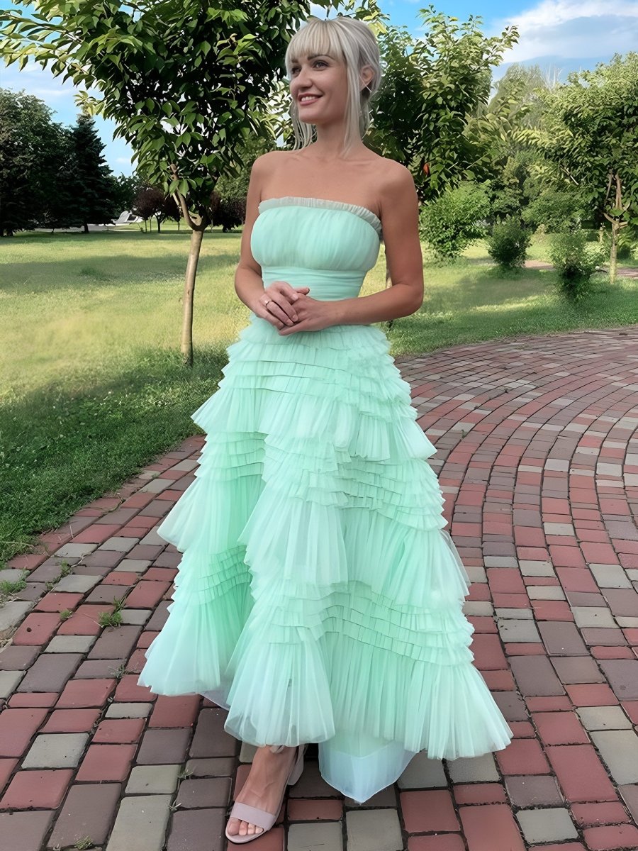 Mint Green Strapless Tulle Tiered Ruffles High-low Prom Dress Mint Green Strapless Tulle Tiered Ruffles High-low Prom Dress