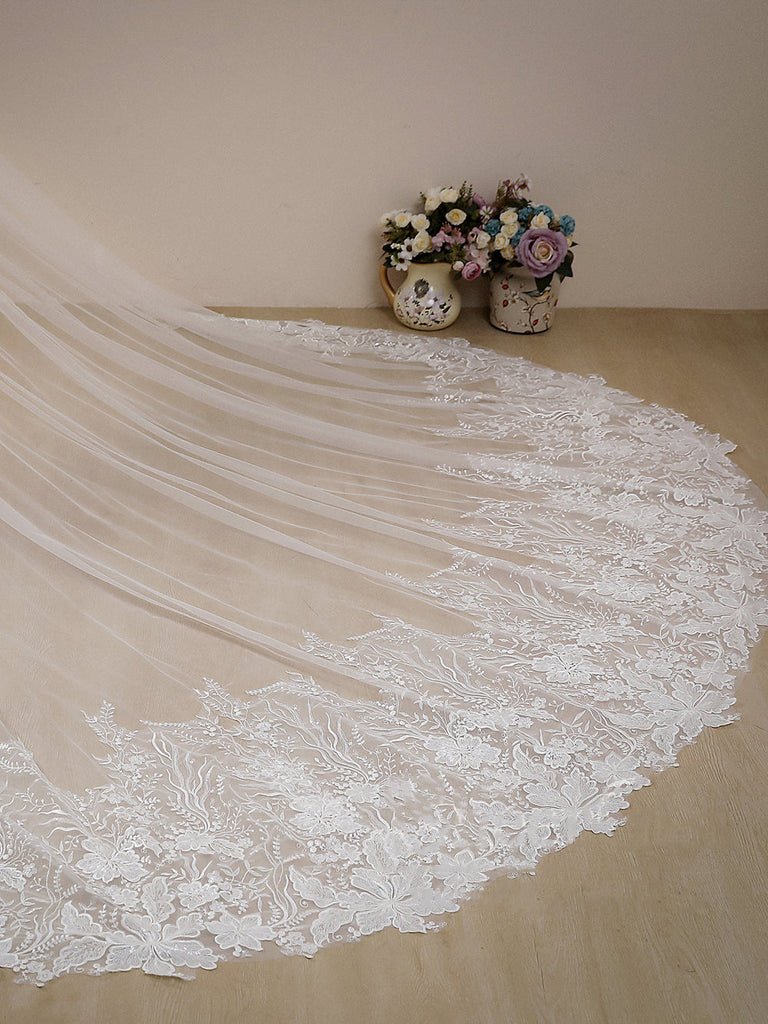 Flower Lace Cathedral Veil Bridal Veil Wedding Veil - KissProm