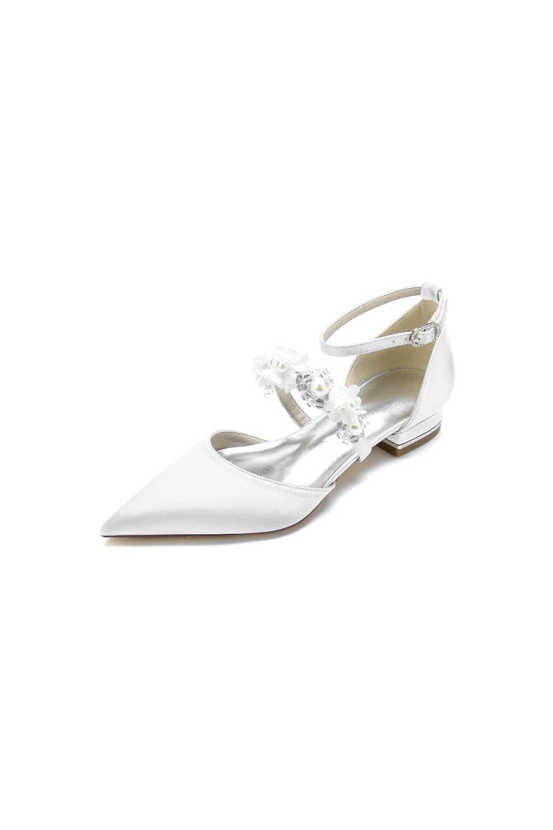 Flower Pearl Buckle Strap Pointed Toe Flats - KissProm