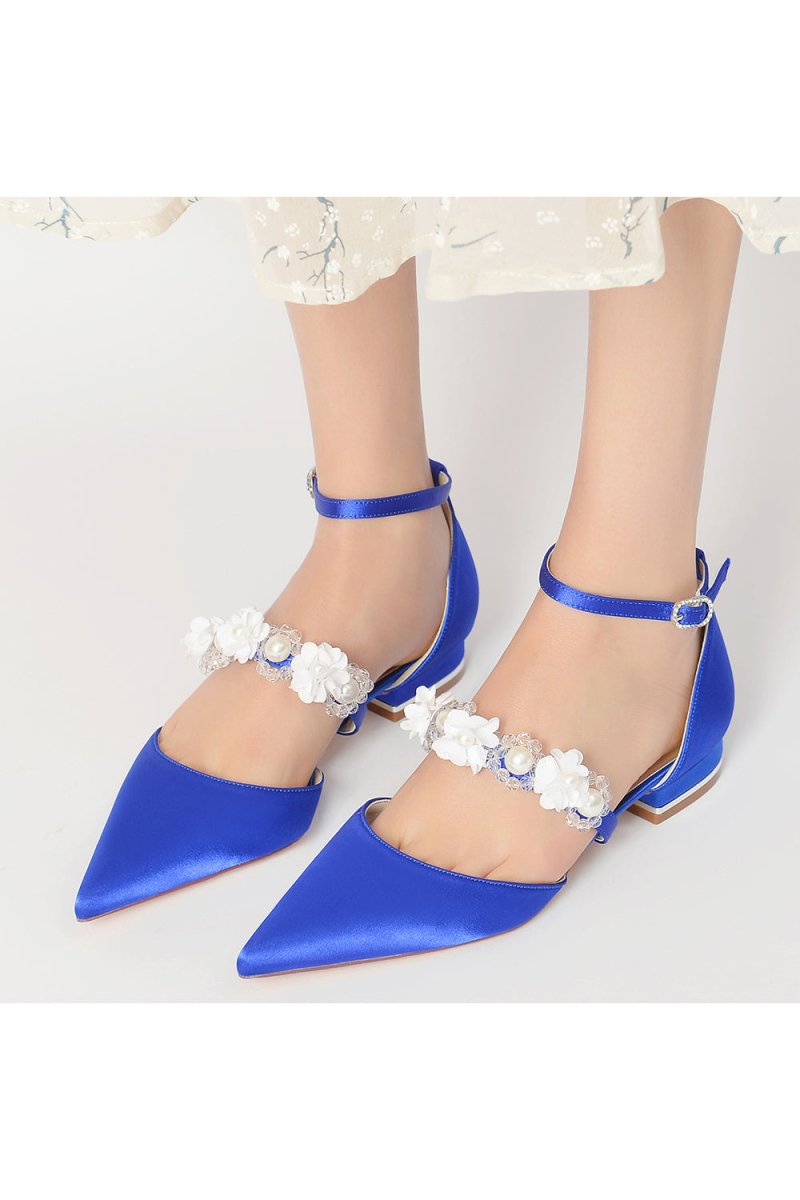Flower Pearl Buckle Strap Pointed Toe Flats - KissProm
