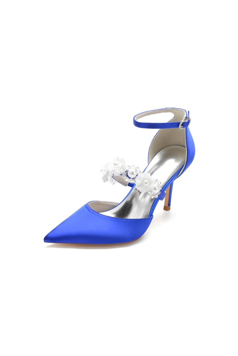 Flower Pearl Strap Pointed Toe High Heels - KissProm