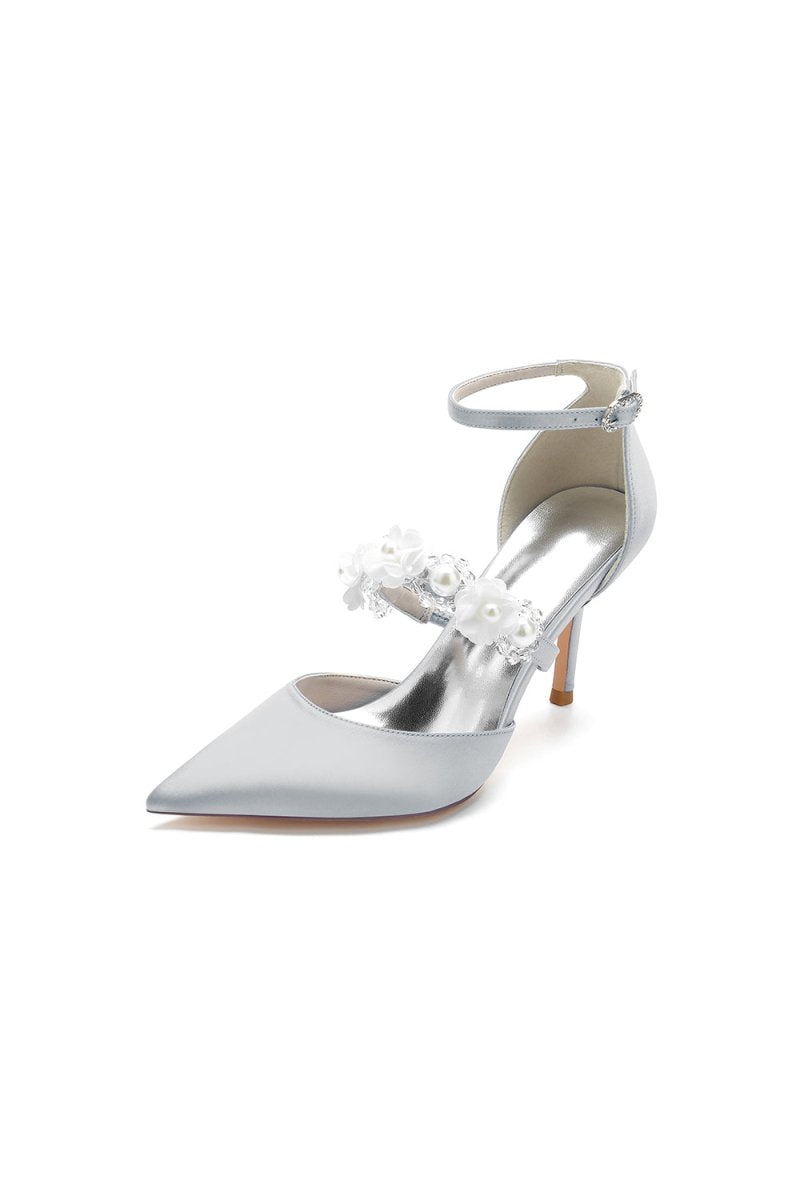 Flower Pearl Strap Pointed Toe High Heels - KissProm