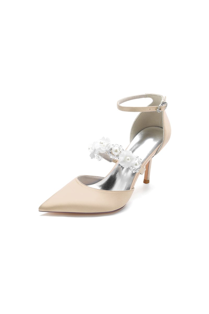 Flower Pearl Strap Pointed Toe High Heels - KissProm