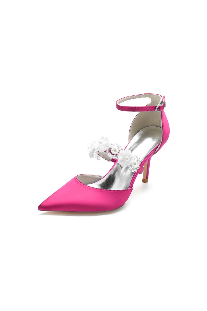 Flower Pearl Strap Pointed Toe High Heels - KissProm