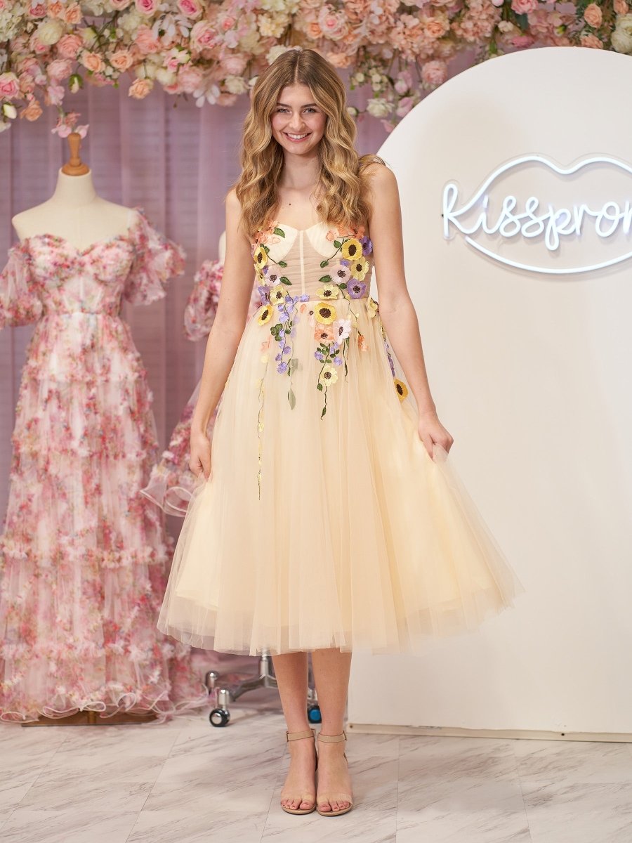 3D Flower Tulle Tea Length Prom Dresses, Champagne / 14 3D Flower Tulle Tea Length Prom Dresses, Champagne / 14