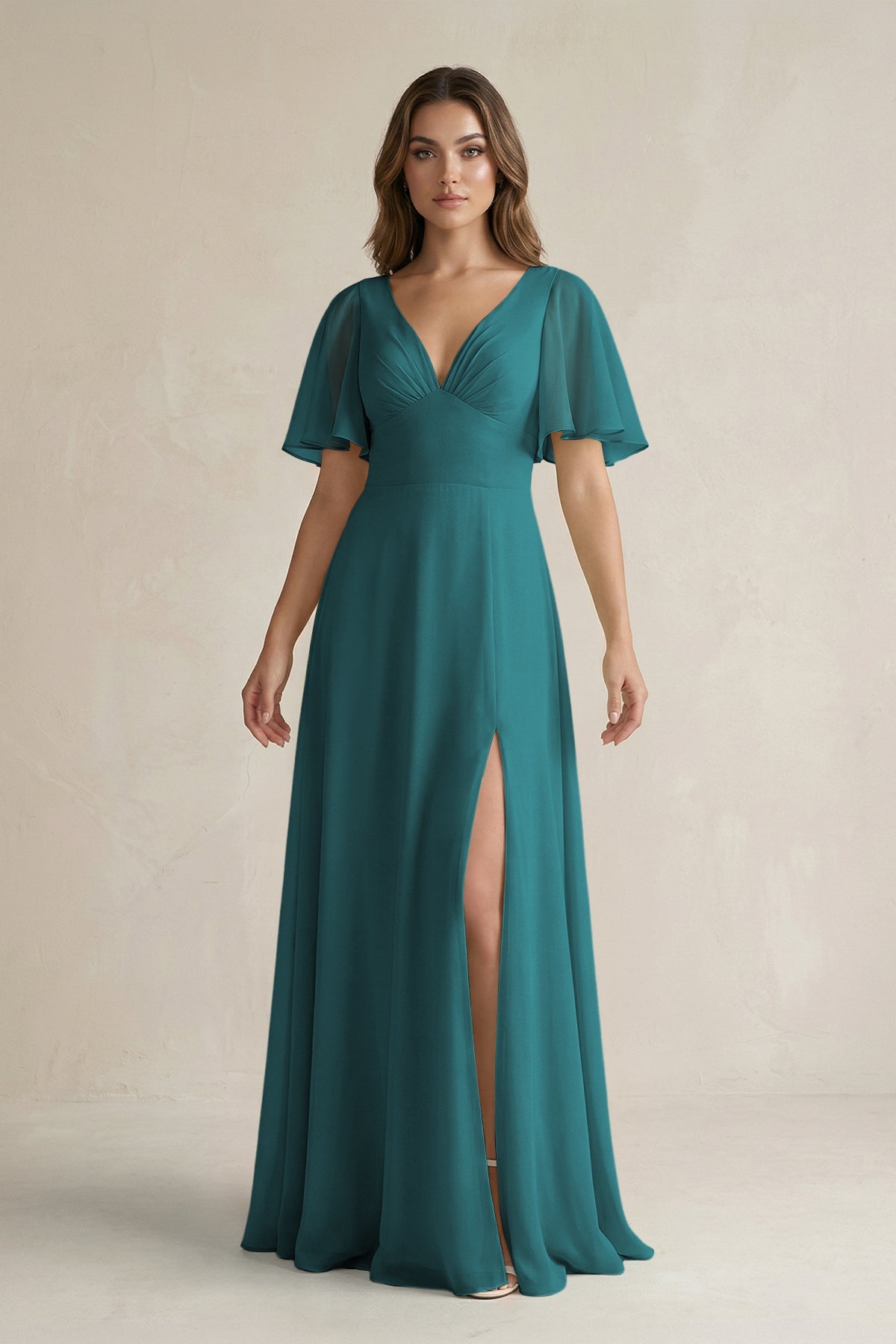 plunging v neck crinkle chiffon bridesmaid dress KissProm Flutter Sleeve V-Neck A-Line in Pine, Pine / Custom Size( Free ) Pine Length Color:Striped CL50 Marilyn Monroe's “Happy Birthday