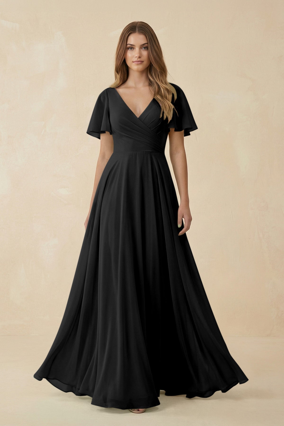 KissProm Flutter Sleeve V-Neck Chiffon A-Line Bridesmaid Dress in Black, Black / 26