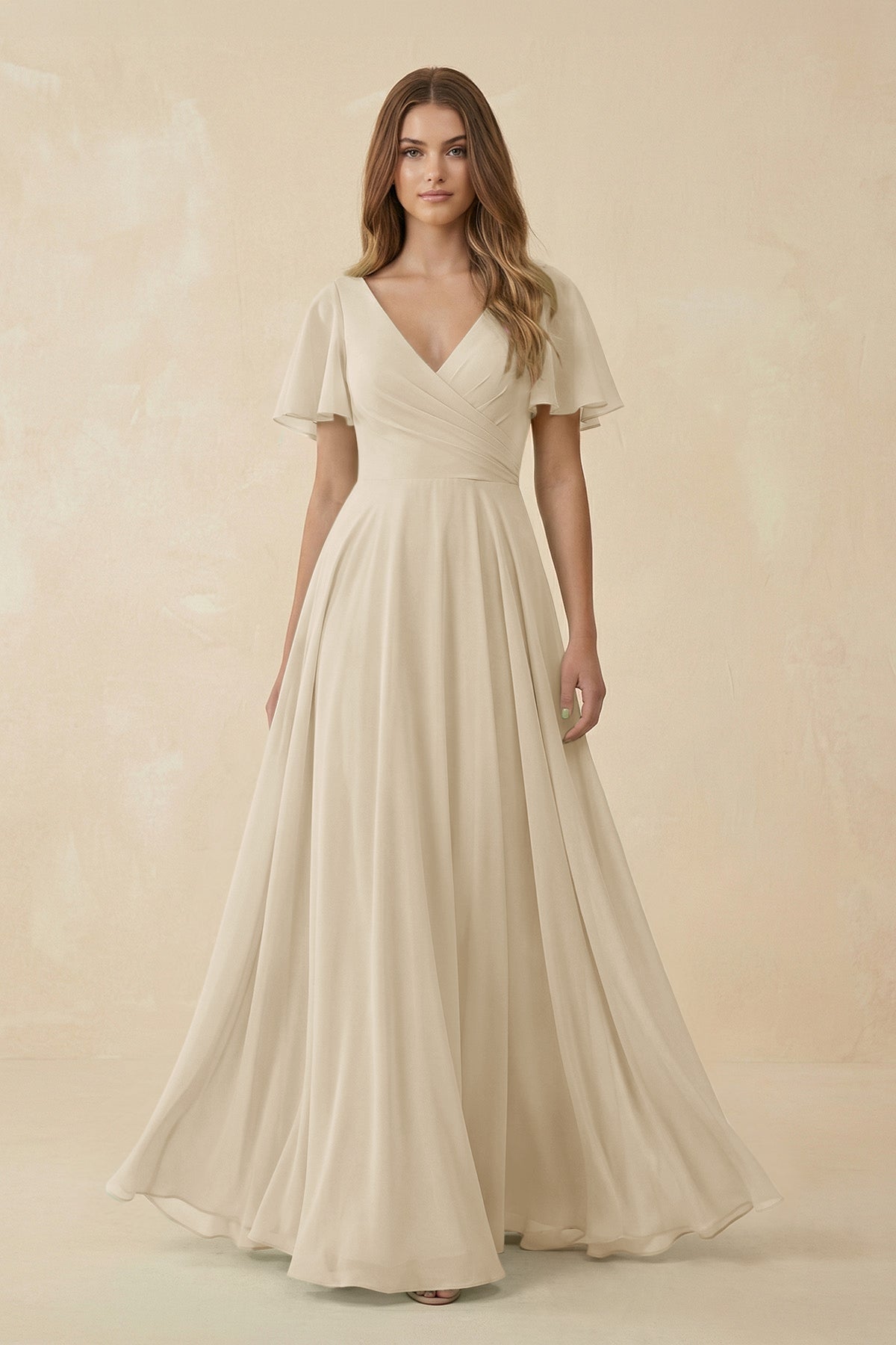 champagne bridesmaid dresses with sleeves KissProm Flutter Sleeve V-Neck Chiffon A-Line Dress in Champagne, / 28 victorian wedding gown Color:Blue Placid Champagne Length Men's Navy Performance Dress