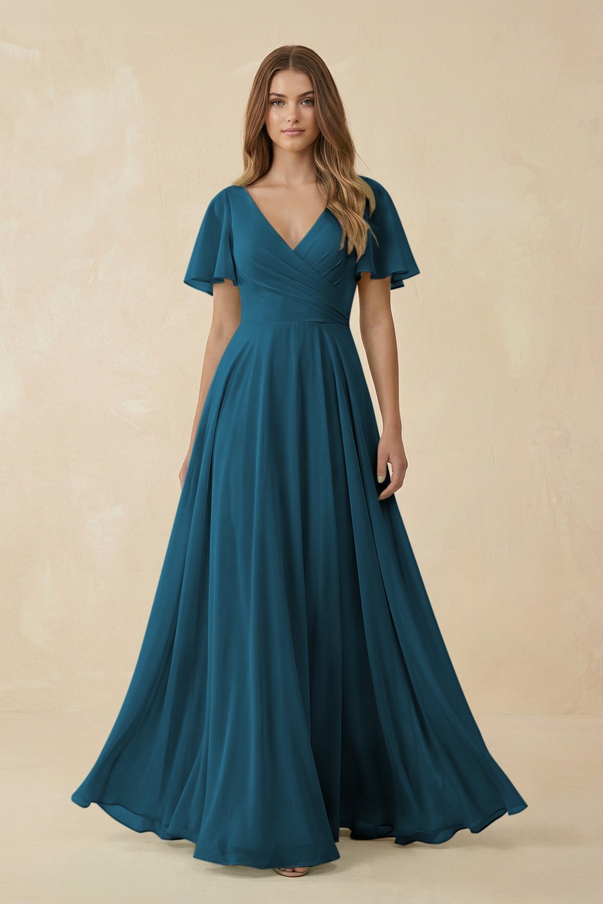 KissProm Flutter Sleeve V-Neck Chiffon A-Line Bridesmaid Dress in Dark Teal, Dark Teal / 20