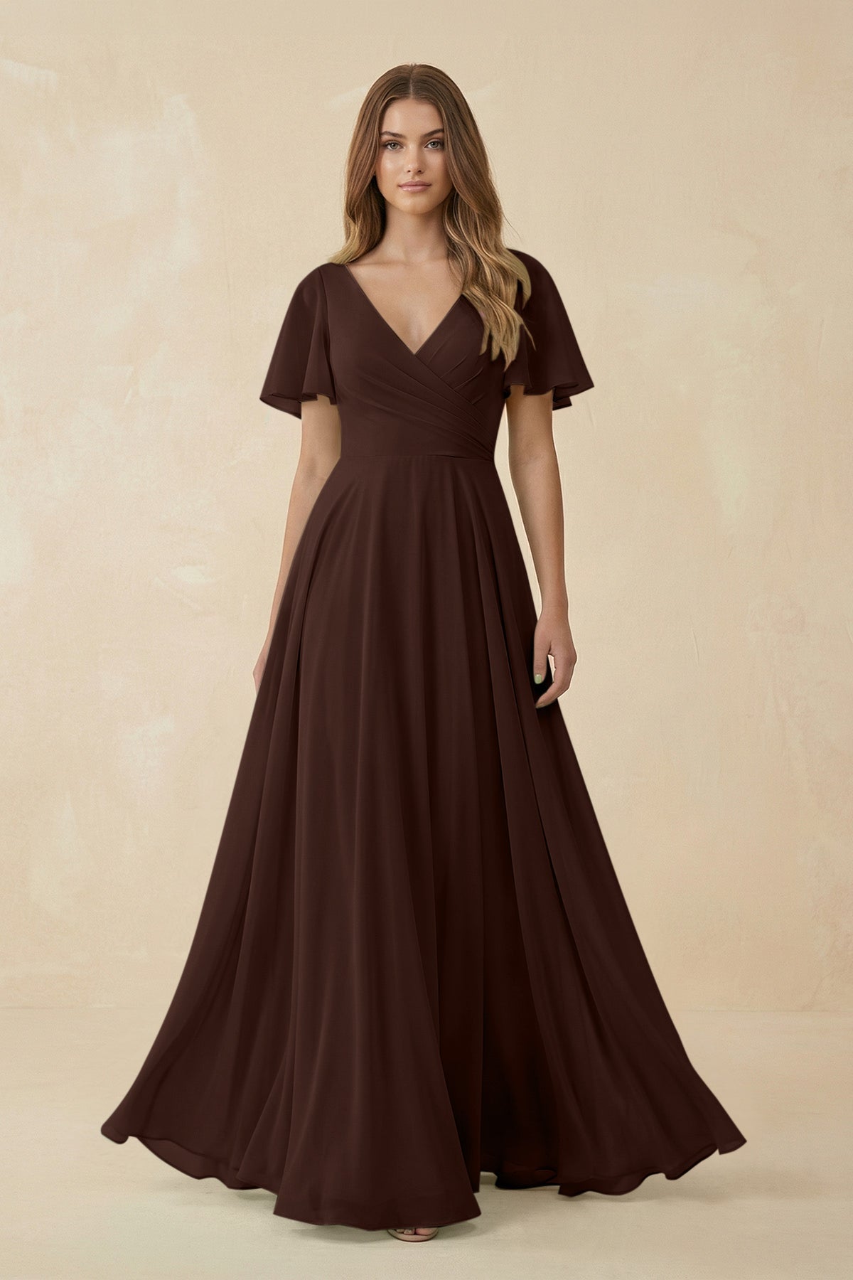KissProm Flutter Sleeve V-Neck Chiffon A-Line Bridesmaid Dress in Espresso, Espresso / 22